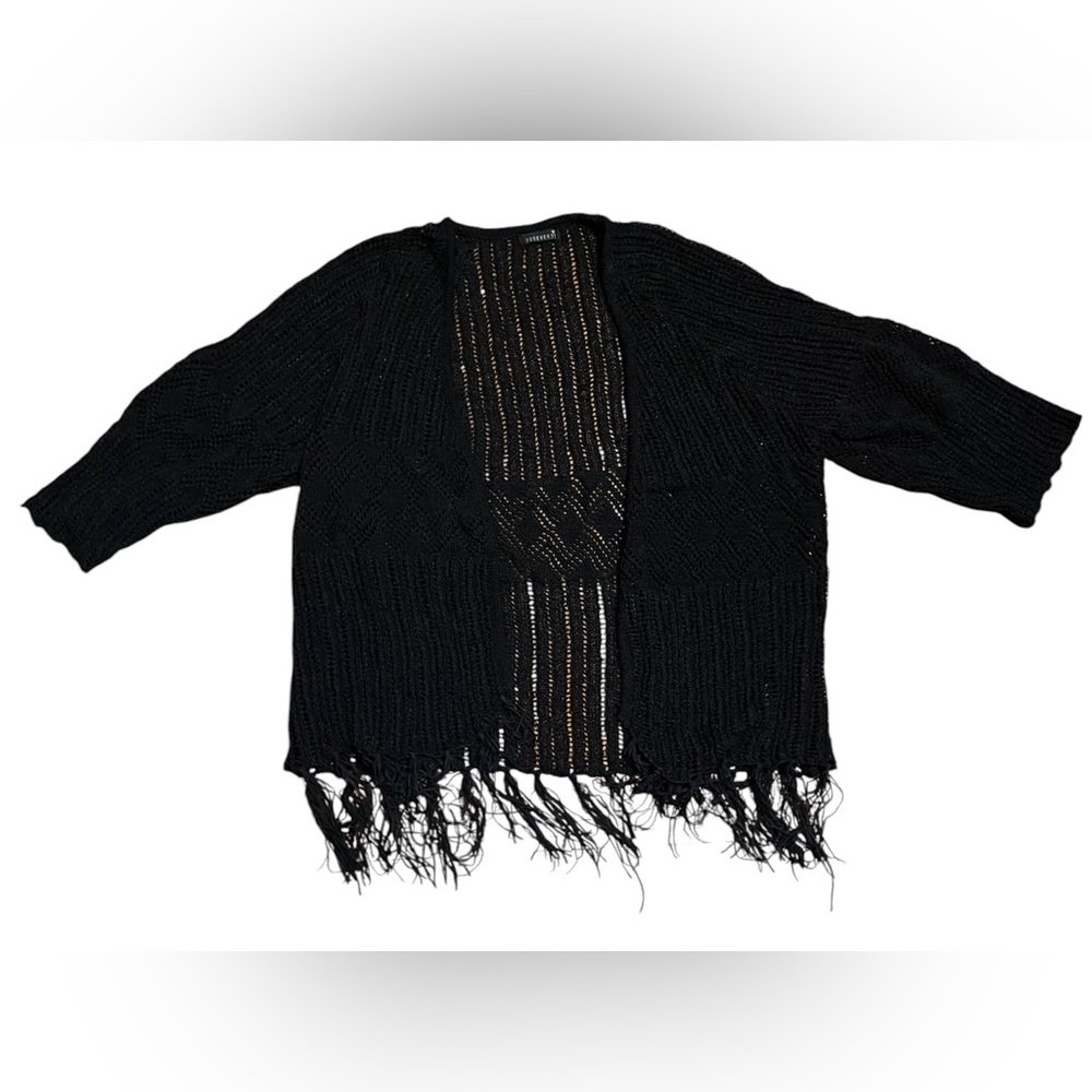 Forever 21 Black Open-Front Fringed Knit Sweater Cardigan